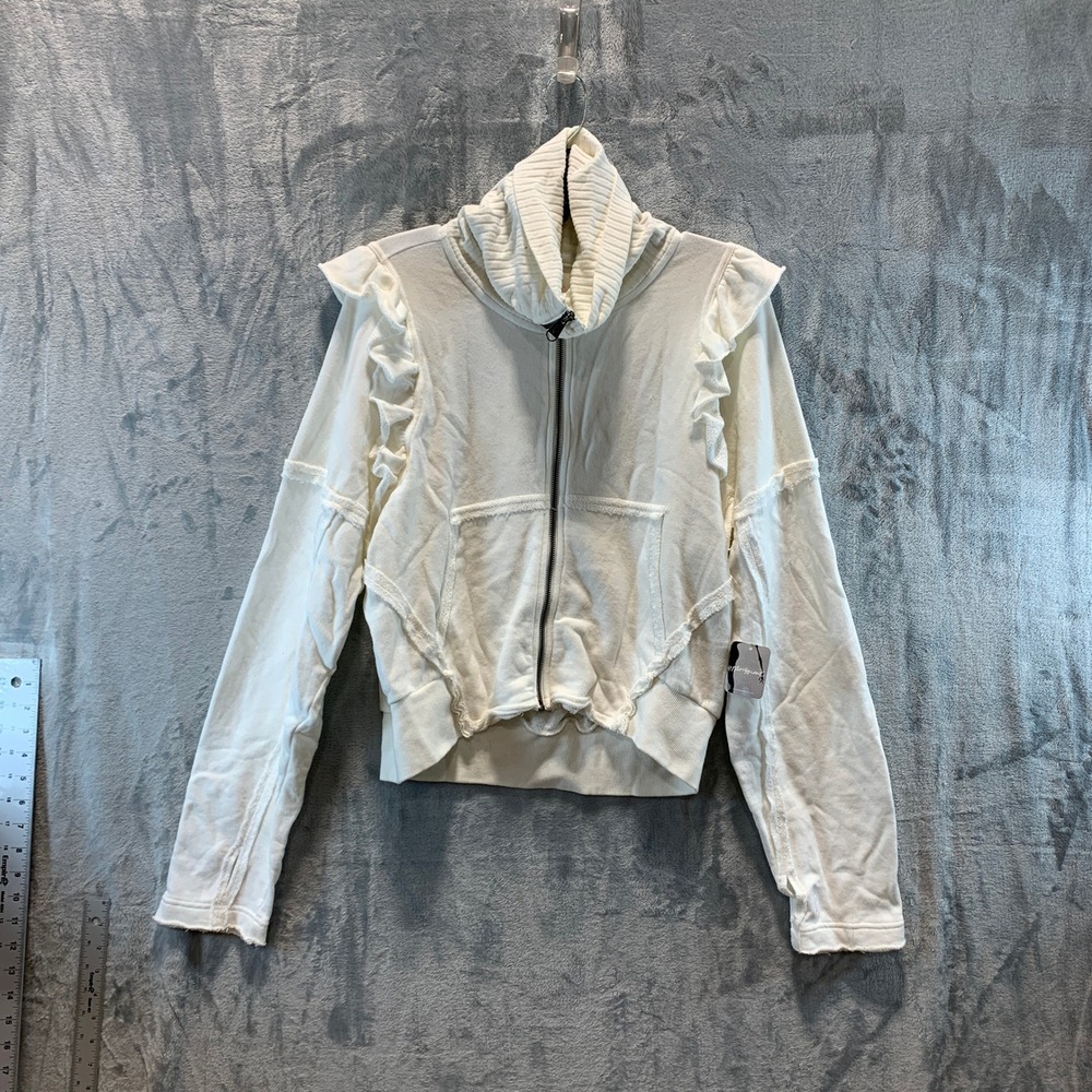 Free People FP Movement So Cool Ruffle Zip Up Jacket White OB1241616 Small NEW
